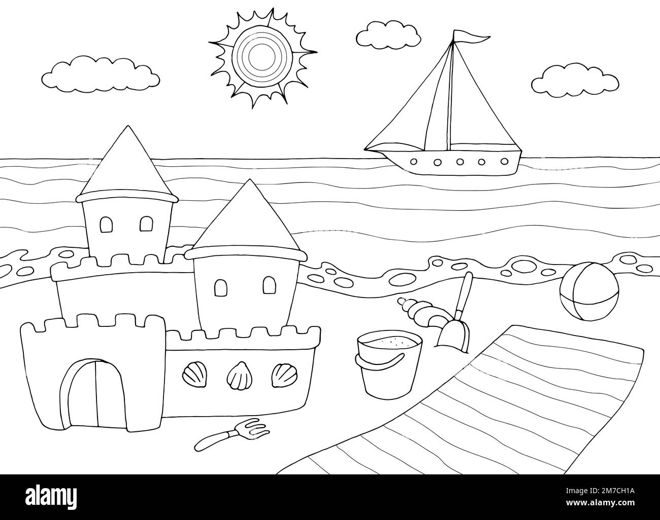 Sandburg Seeküste Grafik schwarz-weiß Landschaft Skizzenvektor Stock Vektor