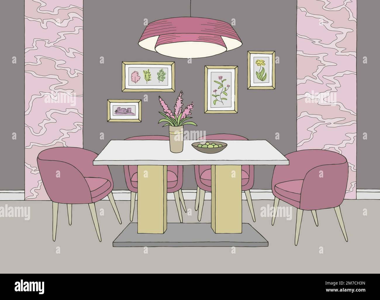 Esszimmer Heim Interieur Grafik Farbe Skizze Illustration Vektor Stock Vektor