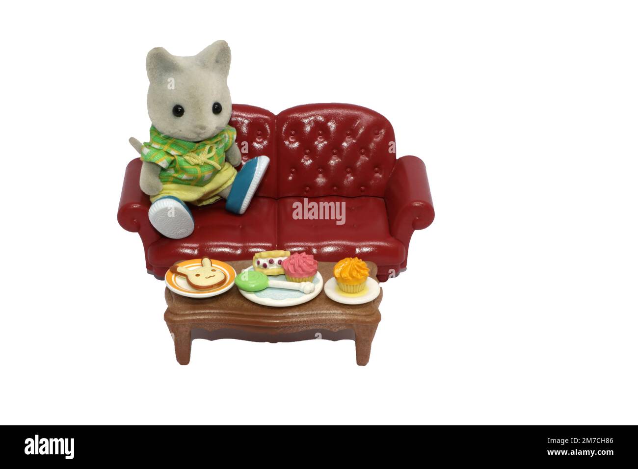 Süße Plastikdesserts. Aus der Sylvanian Families-Sammlung. Stockfoto