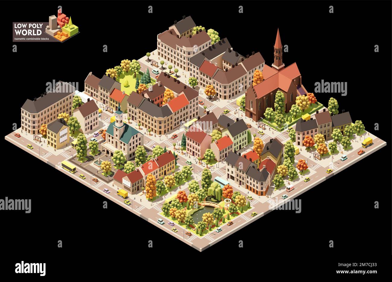Erzeugung der isometrischen VektorWeltkarte festgelegt. Kombinierbare Kartenelemente. Stadtplan oder Stadtplan. Altstädte und Straßen Stock Vektor