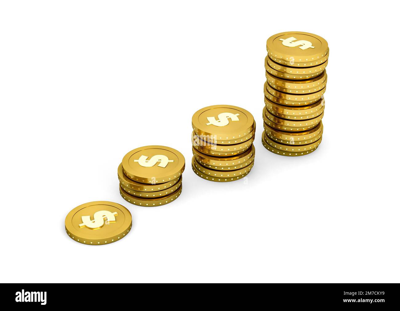 3D Abbildung mehrerer Gold- und Dollarmünzen in einem Stapel und einer Reihe. Münzen in 3D-Darstellung. Stockfoto