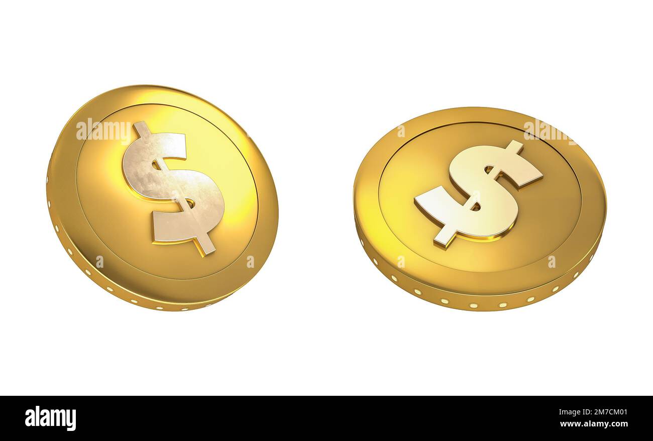 3D Abbildung einer Goldmünze in verschiedenen Winkeln. Amerikanischer Dollar Stockfoto