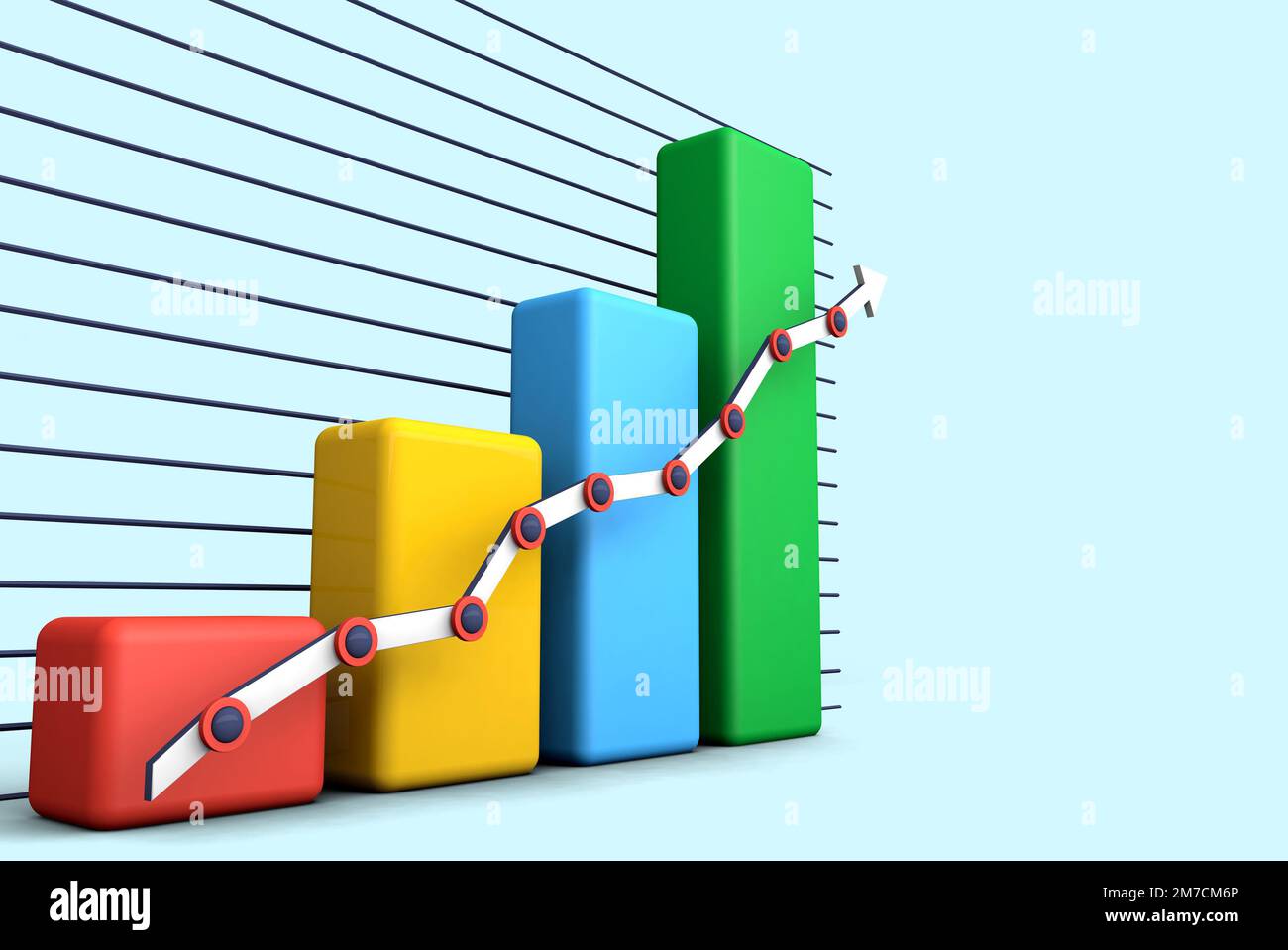 3D Abbildung eines Finanzdiagramms. Eine grobe Investitionsgrafik, Börse, Geld, Münzen Stockfoto