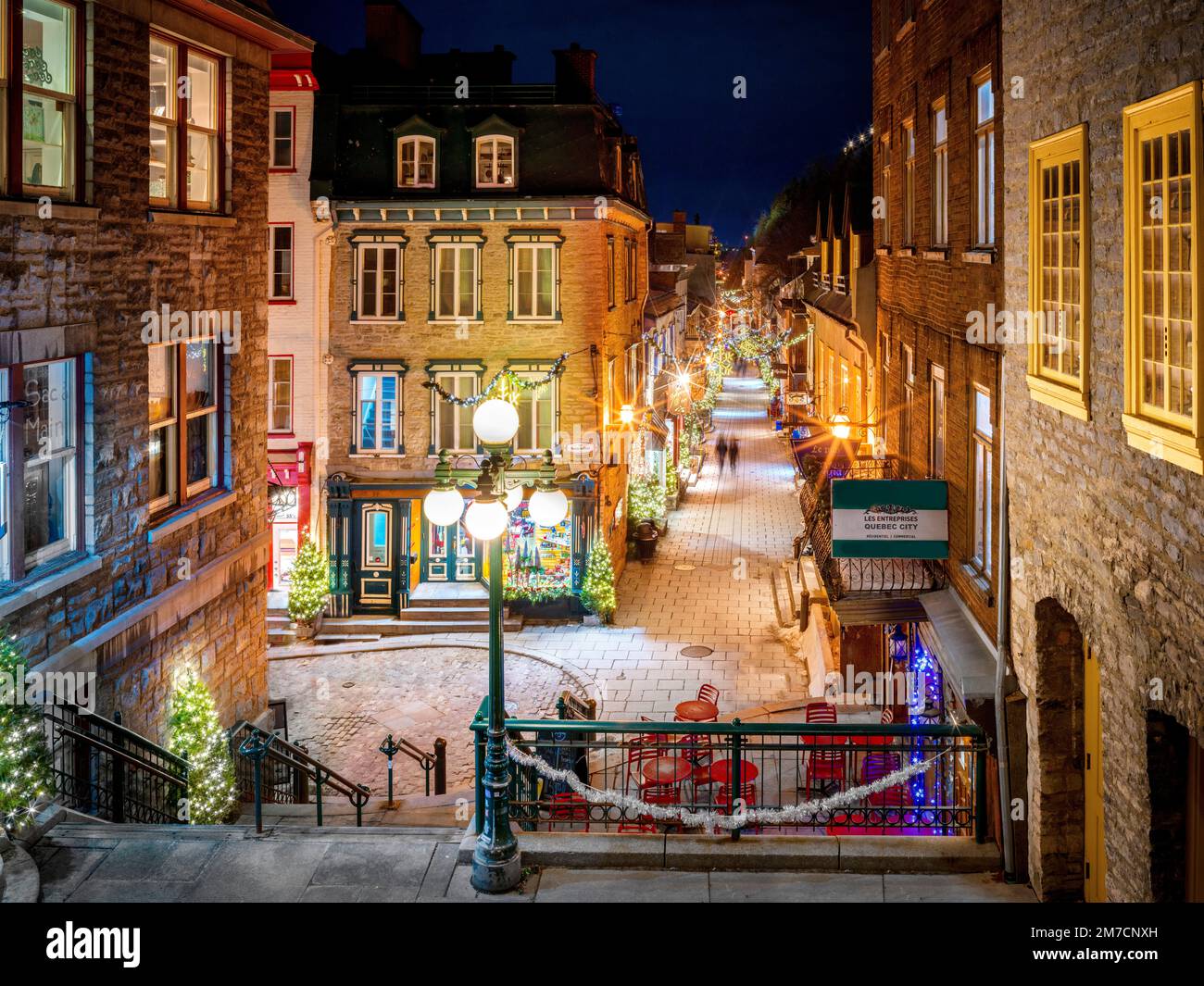 Petit Champlain bei Nacht, Old Quebec City, Quebec, Kanada Stockfoto