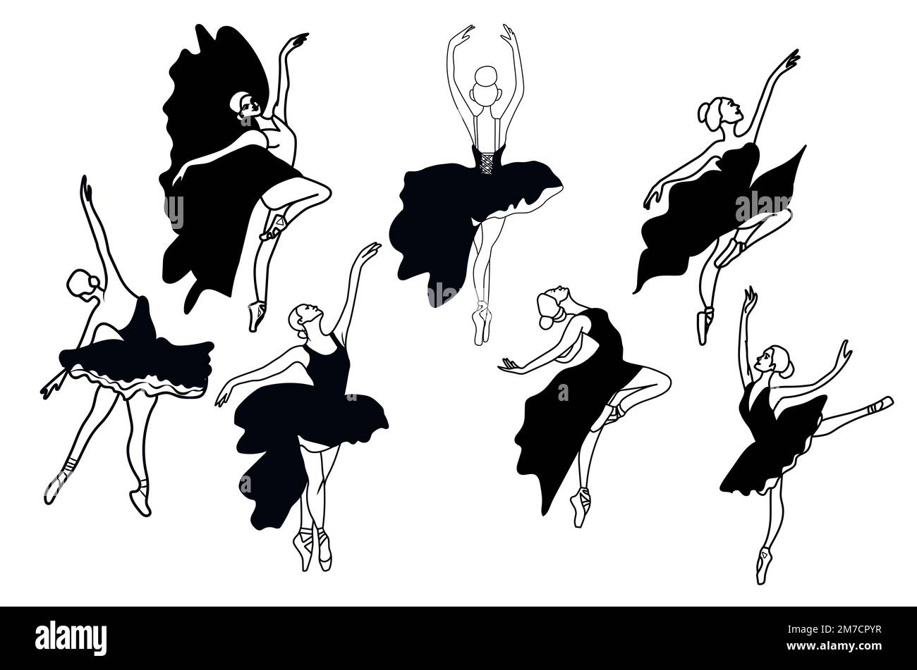 Aquarell-Tanzballerina, schwarze Linien. Isolierte tanzende Ballerina. Handgezeichnete klassische Ballettvorstellung, Pose. Junge hübsche Ballerina-Frauen Stockfoto