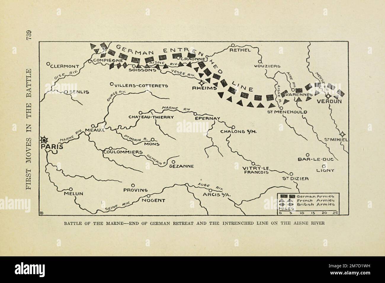 Schlacht der Marne - Ende des deutschen Rückzugs und der intrenched Line am Fluss Aisne aus dem Buch die Geschichte des Großen Krieges; die vollständigen historischen Aufzeichnungen der Ereignisse bis dato DIPLOMATISCHE UND STAATLICHE PAPIERE von Reynolds, Francis Joseph, 1867-1937; Churchill, Allen Leon; Miller, Francis Trevelyan, 1877-1959; Wood, Leonard, 1860-1927; Knight, Austin Melvin, 1854-1927; Palmer, Frederick, 1873-1958; Simonds, Frank Herbert, 1878-; Ruhl, Arthur Brown, 1876. Band III Veröffentlicht 1916 Stockfoto