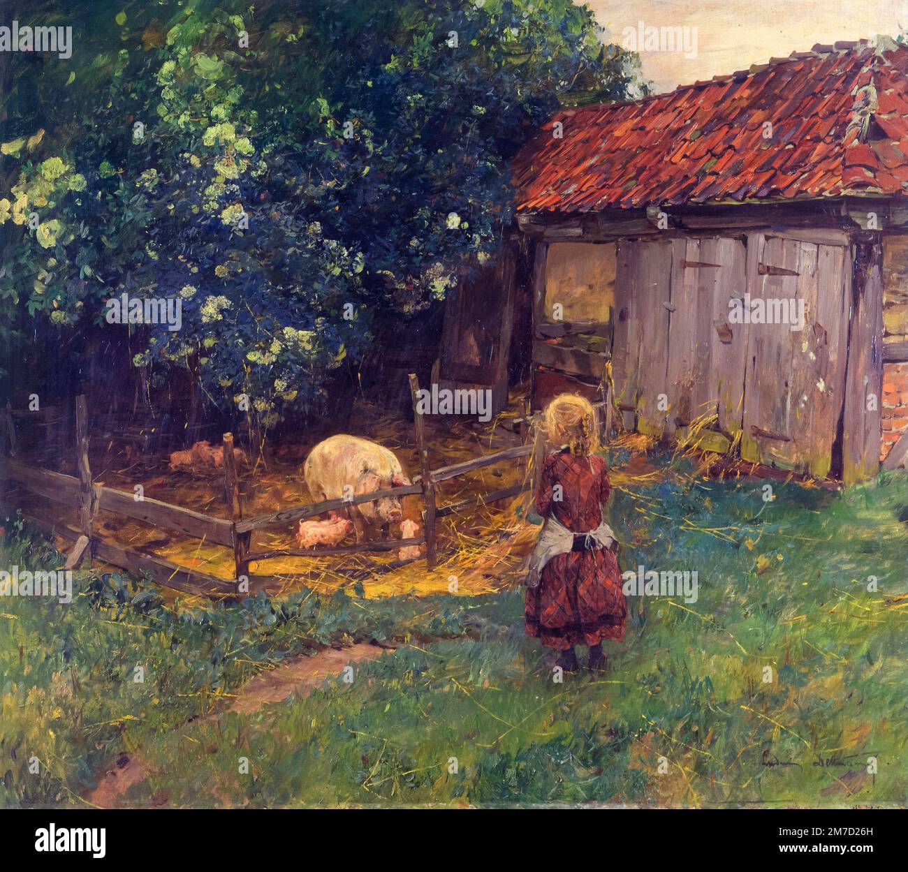 Ludwig-Dettmann-Gemälde, auf dem Land: idyll im Schweinestall, Öl auf Leinwand, ca. 1895 Stockfoto