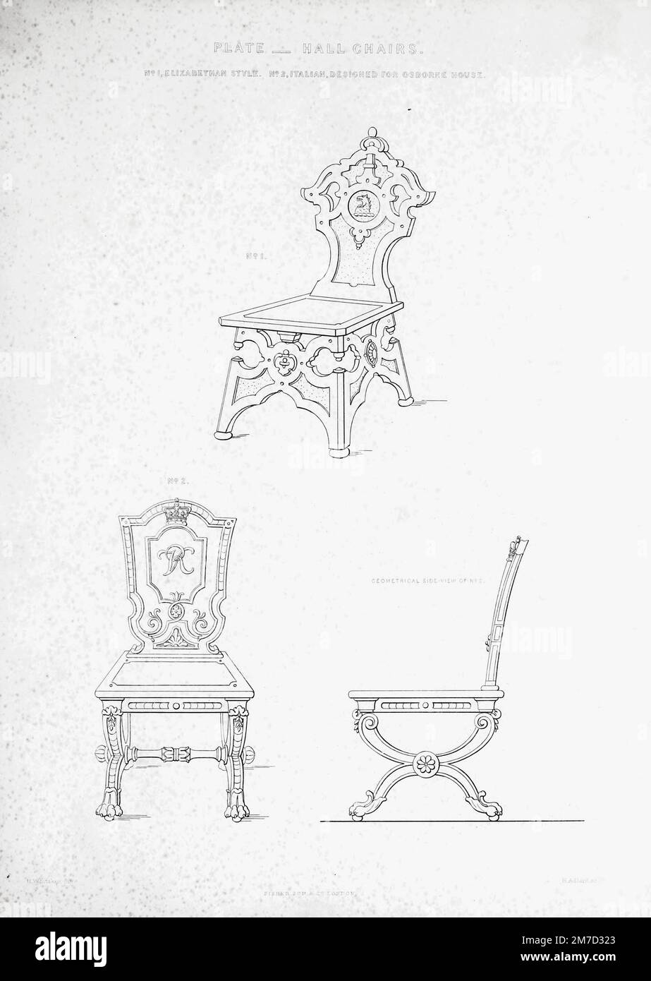 Zwei Saalstühle. Nr. 1 im elisabethanischen Stil. Nr. 2 im italienischen Stil wurde für Osborne House, Isle of Wight, von der Schatzkammer des praktischen Schrankmachers und Polsterers ausgeführt : Hauseinrichtung und Dekorationsassistent : in Griechenland, Italienisch, Renaissance, Louis-Quatorze, Gotik, TUDOR- und elisabethanische Stile : durchdrungen mit Entwürfen, die für die königlichen Paläste und für einige der wichtigsten Villen des Adels und des Adlers sowie Clubhäuser von Henry Whitaker, 1847, ausgeführt wurden Stockfoto