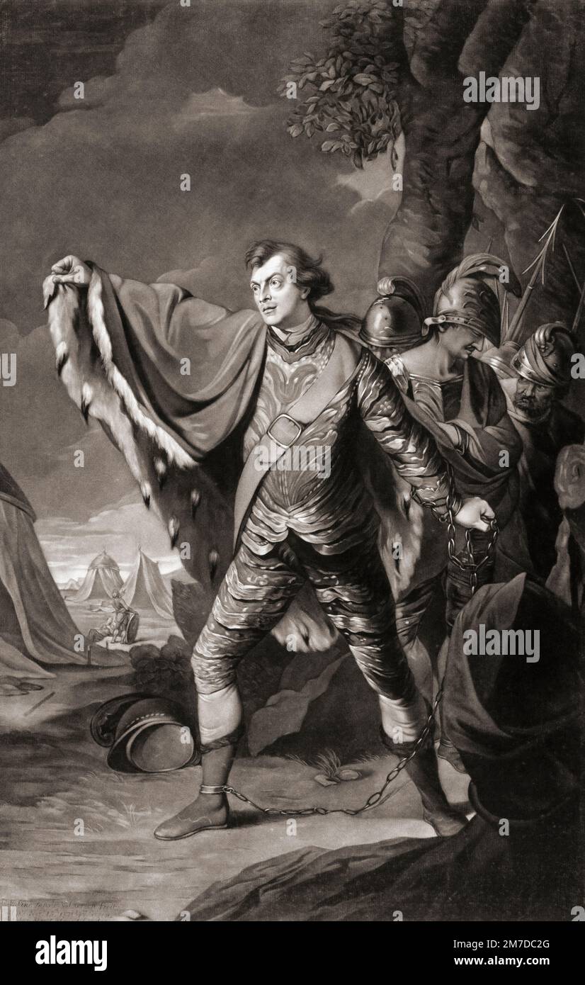 Englischer Schauspieler Samuel Reddish, 1735 - 1785, spielt Posthumus in William Shakespeares Stück Cymbeline. Von einem Abdruck von Valentine Green nach dem Gemälde von Robert Edge Pine. Stockfoto