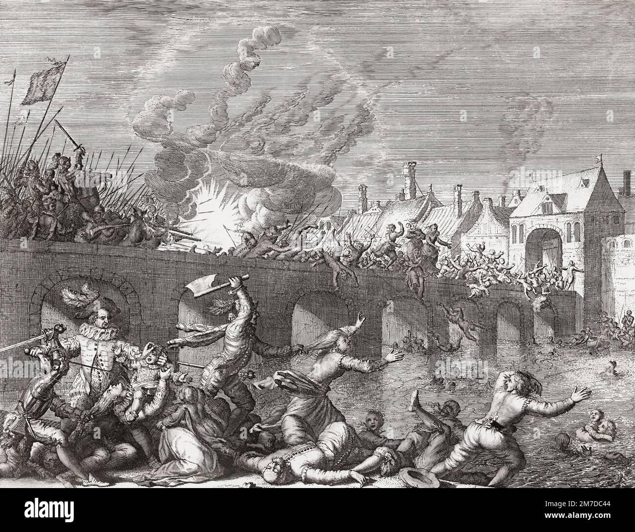 Das Massaker der Spanier in Maastricht am 29. Juni 1579 während des Achtjährigen Krieges, nach einem Abdruck von Jan Luyken. Das Bild zeigt den Moment, nachdem die Truppen des Prinzen von Parma in die Stadt einbrachen und Soldaten und Bürger auf die Brücke über die Maas jagten. Stockfoto