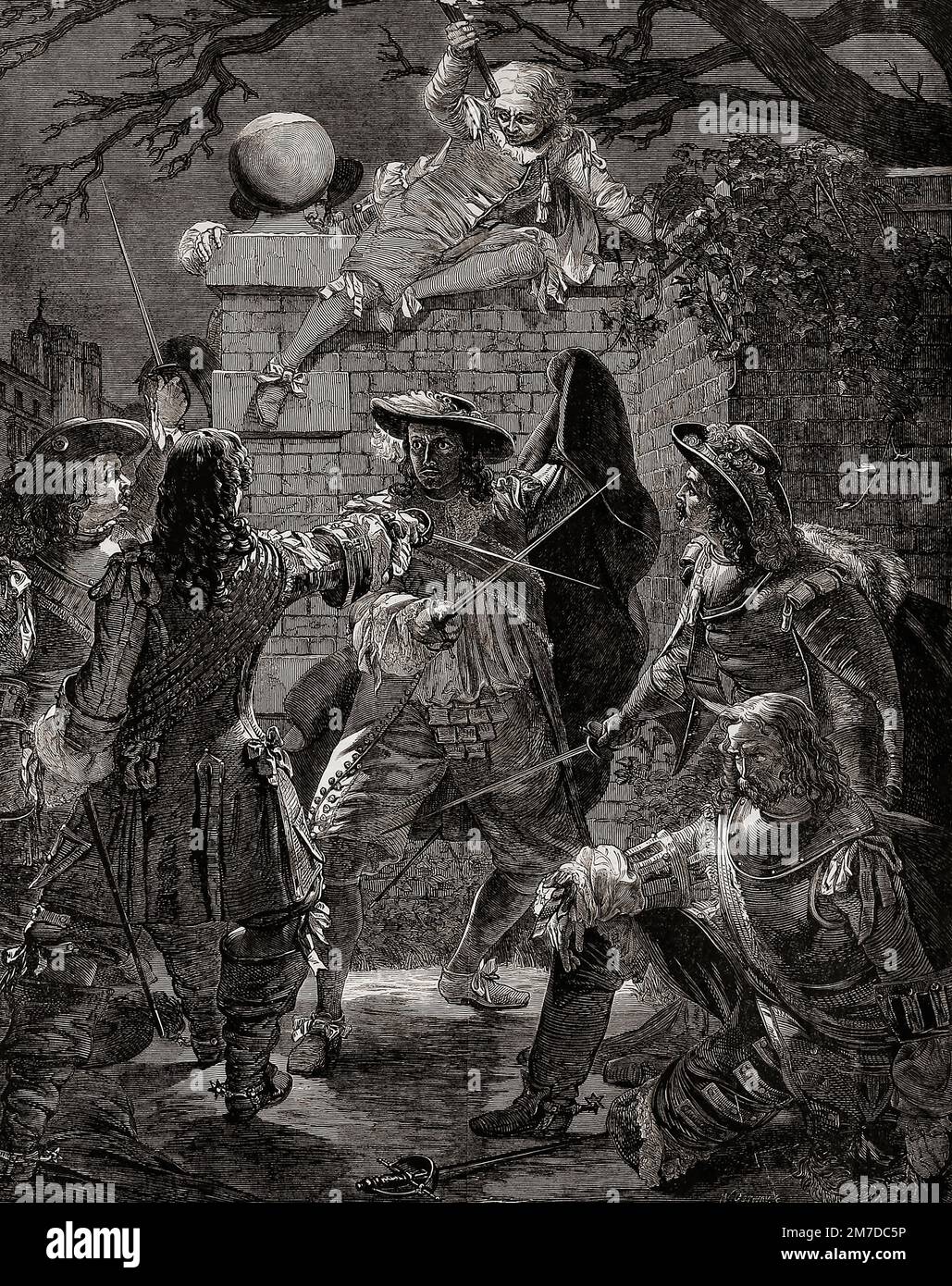 Sir John Coventry, c. 1636 - 1685, Abgeordneter von Weymouth, versucht, sich gegen eine bewaffnete Gang zu verteidigen, die ihn für einen Scherz, den er im Unterhaus über die Liebesangelegenheiten von König Karl II. Gemacht hat Er wurde niedergehalten und seine Nase aufgeschlitzt. Die Wut in den Unterzeichnern über den Vorfall führte dazu, dass das Coventry Act verabschiedet wurde, das die Angriffshandlungen mit Verstümmelung für eine Straftat erklärte. Das Gesetz wurde 1828 aufgehoben. Nach einer Arbeit von T.H. Maguire. Stockfoto