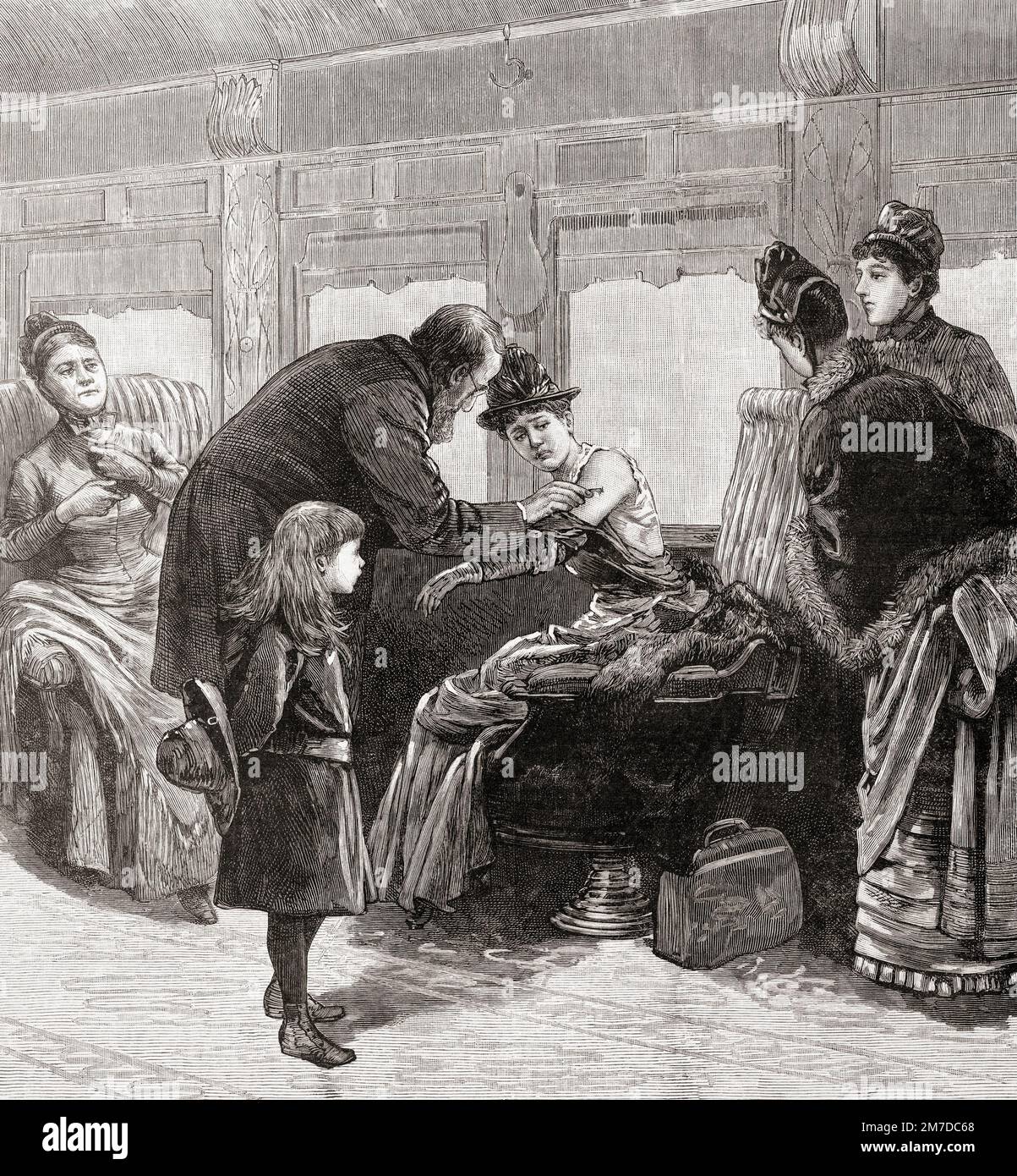 Kanadische Gesundheitsbehörden impfen Passagiere im Zug nach USA nach Pockenausbruch in Montreal. Nach einer Illustration in Frank Leslies illustrierter Zeitung, 26. Dezember 1885. Stockfoto
