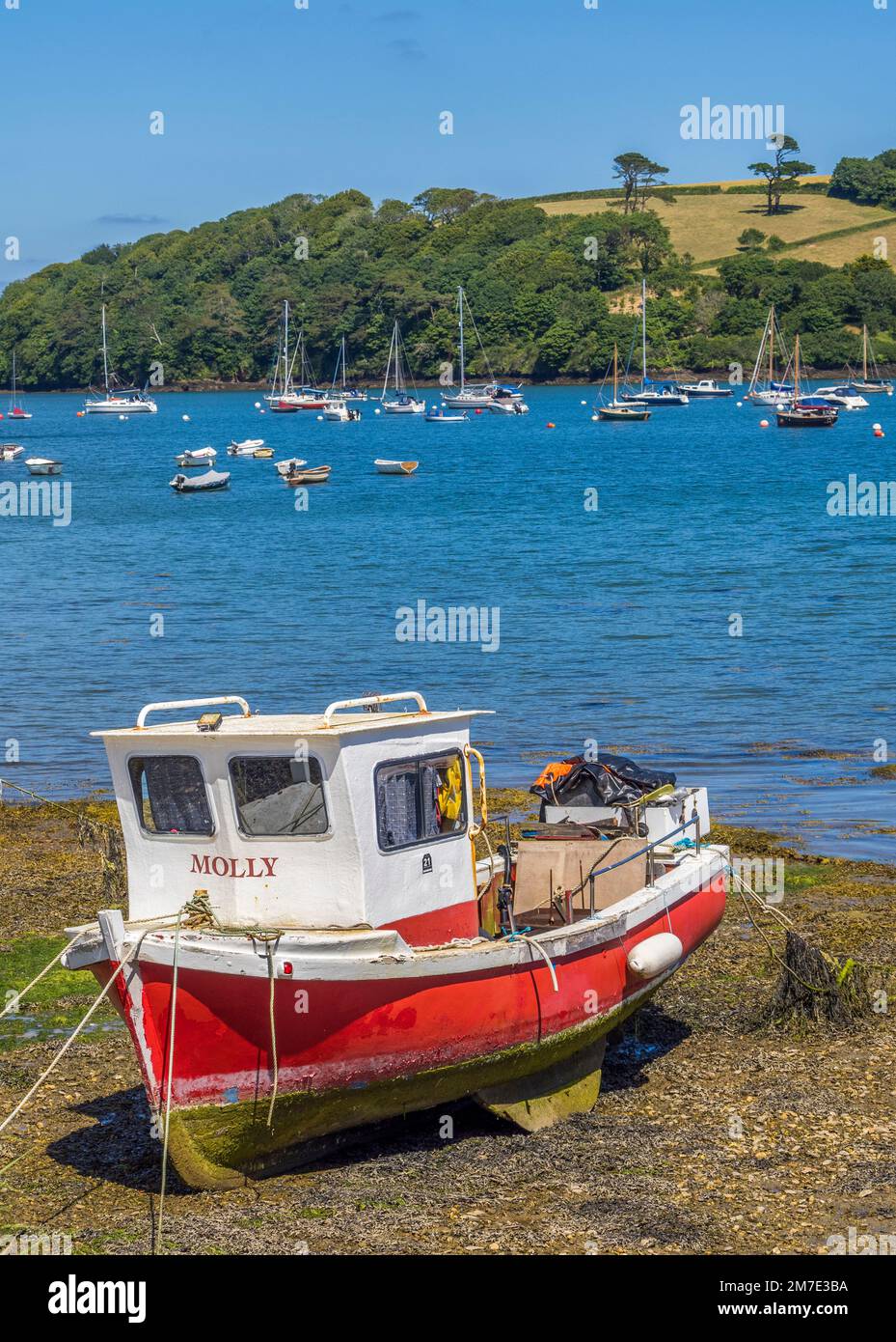 Boote am Ufer des Flusses Percuil, St. Mawes, Falmouth, Cornwall, England, UK, GB. Stockfoto