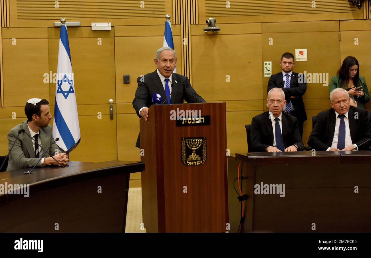 Jerusalem, Israel. 15. Juni 2014. Der israelische Premierminister Benjamin Netanjahu spricht am Montag, dem 9. Januar, auf einem Treffen der Likud-Partei in der Knesset, dem Parlament, in Jerusalem. 2023. Foto von Debbie Hill/Credit: UPI/Alamy Live News Stockfoto