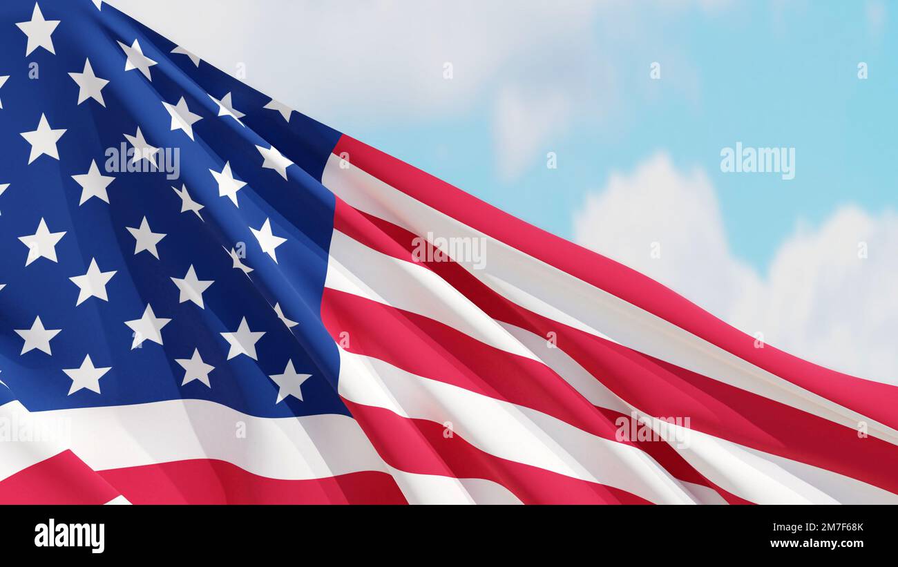 Sterne und Streifen. Die US-Flagge winkt im Wind auf blauem Hintergrund. Unabhängigkeitstag oder President's Day. US-Banner. Stockfoto