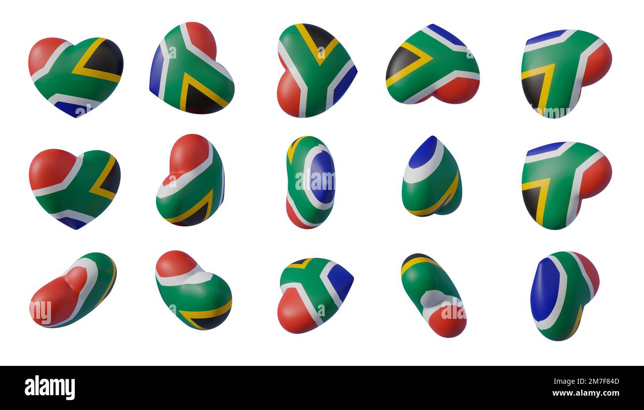 Hearts with flag of South Africa, Kollektion mit 15 verschiedenen Typen Herzen Flaggenfarbe Südafrika, Herz für Valentinstag. 3D-Arbeit und 3D-Rendering Stockfoto