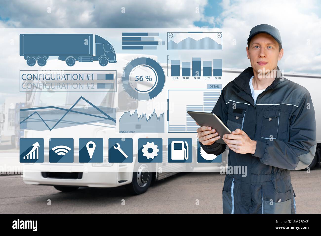Manager mit einem digitalen Tablet neben Trucks. Flottenmanagement Stockfoto