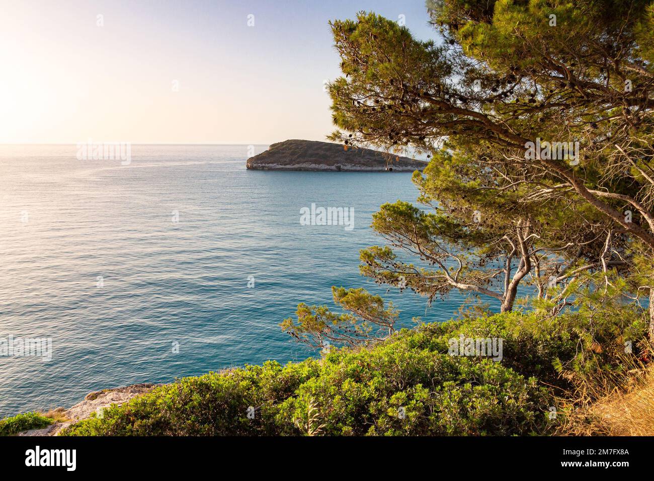 Blick auf die kleine Insel Campi von der Küstenstraße von Vieste nach Mattinata im Gargano-Nationalpark, Apulien, Italien Stockfoto