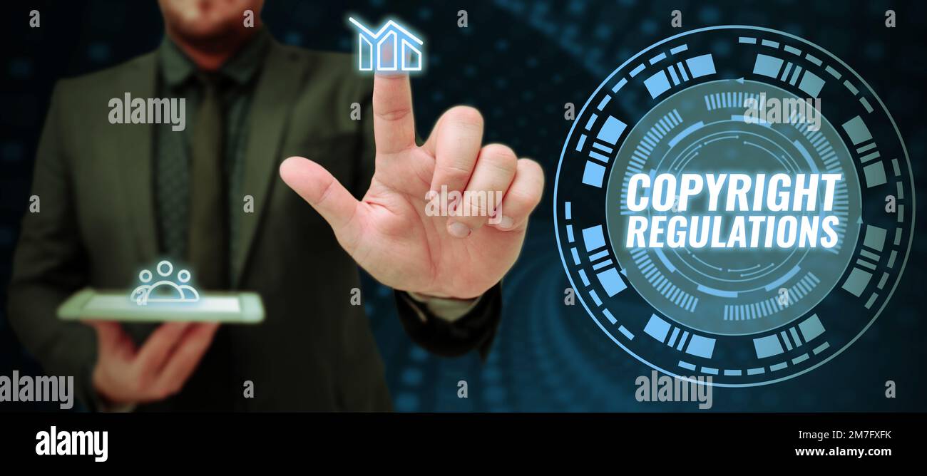 Textzeichen mit Copyright-Bestimmungen. Unternehmensüberblick über die Urheber Stockfoto