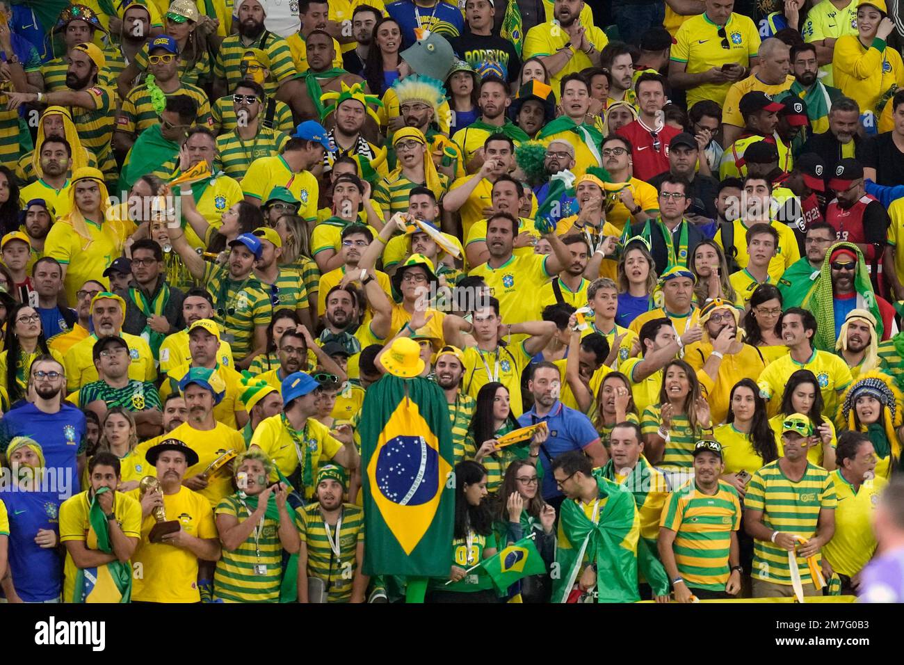 Brazil supporters cheer during the World Cup quarterfinal soccer match between Croatia and Brazil, at the Education City Stadium in Al Rayyan, Qatar, Friday, Dec. 9, 2022. (AP Photo/Andre Penner) Stockfoto