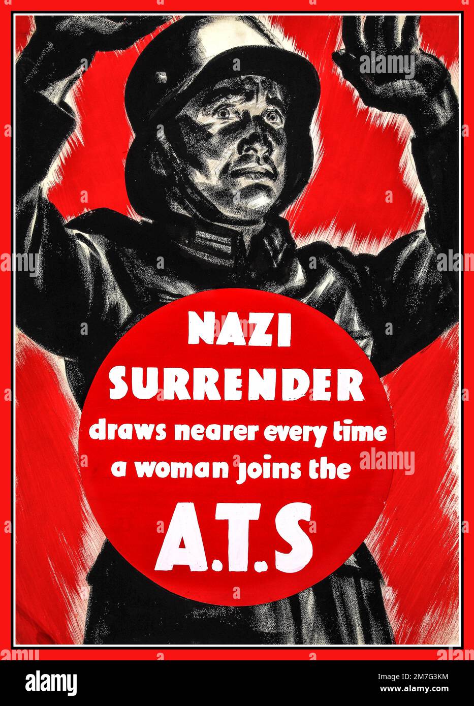 WW2 britisches britisches Poster zur Rekrutierung von ATS „NAZI SURRENDER zieht fast immer eine Frau an, die dem ATS-Poster zum Zweiten Weltkrieg von Großbritannien zur Beschäftigung 1940 beitritt Stockfoto