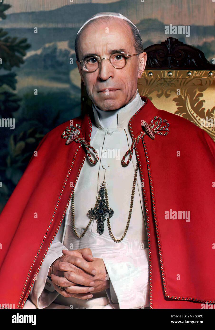 Pius XII Portrait des italienischen Papstes Pius XII (B. Eugenio Maria Giuseppe Giovanni Pacelli, 1876-1958). Pius XII war von 1939 bis zu seinem Tod im Oktober 1958 Papst. Stockfoto