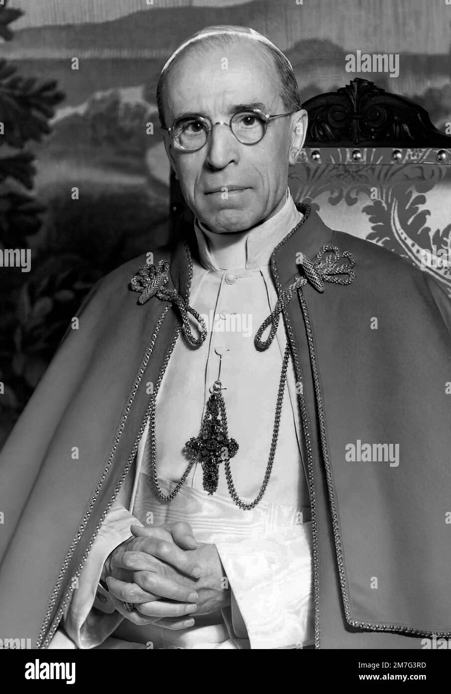 Pius XII Portrait des italienischen Papstes Pius XII (B. Eugenio Maria Giuseppe Giovanni Pacelli, 1876-1958). Pius XII war von 1939 bis zu seinem Tod im Oktober 1958 Papst. Stockfoto