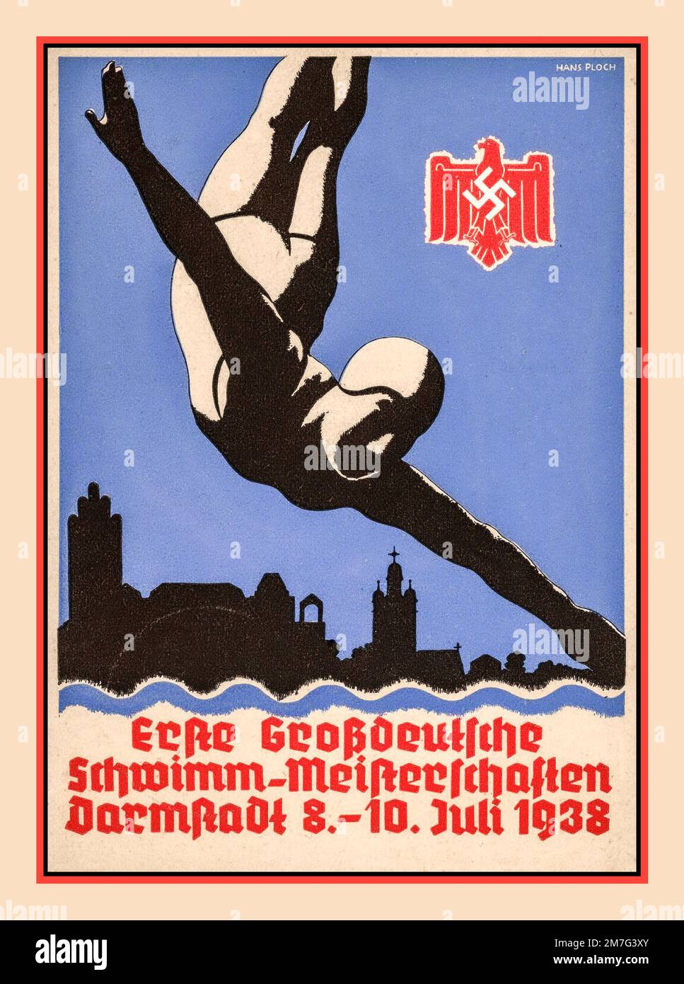 1938 Nazi-Sportposter „Schwimmmmeisterschaft In Deutschland“ Darmstadt 8.-10. Juli 1938 Propagandaposter für Nazi-Schwimmsport mit Nazi-Deutschland-Adler und Swastika-Emblem Stockfoto