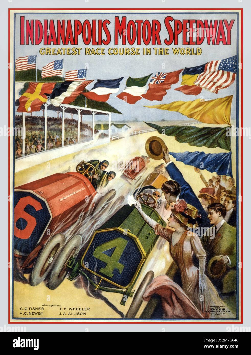 Oldtimer-Poster „Indianapolis Motor Speedway“ mit internationalen Flaggen unter Otis Lithograph Co..1900er America USA „Greatest Race Course in the World“ Stockfoto
