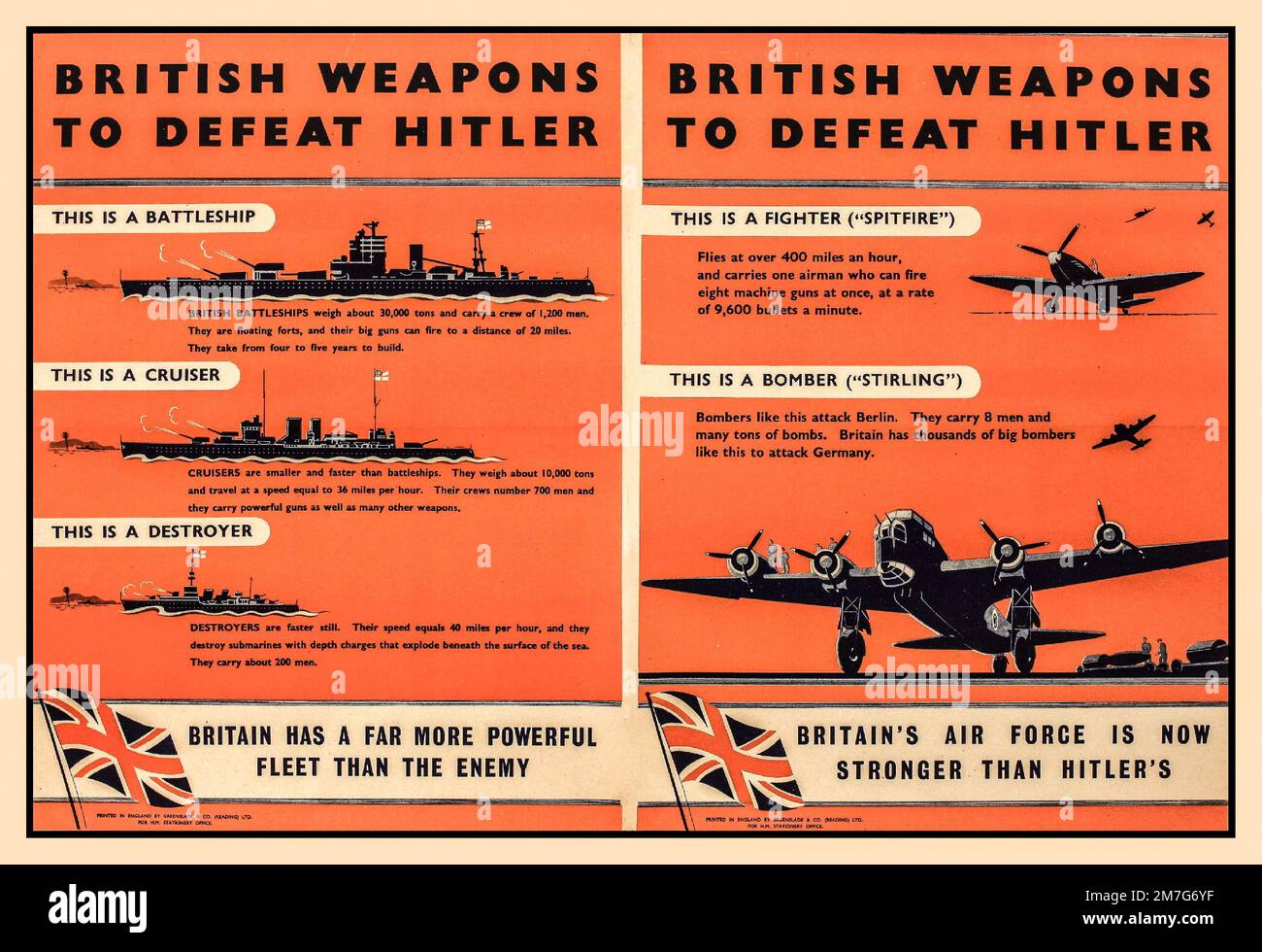 WW2 britische Propaganda Air & Sea war Power Poster „Britische Waffen gegen Hitler“ Eine stärkere Air Force, Eine mächtigere Flotte als der Feind. 1940er. Weltkrieg, Royal Navy und Royal Airforce. Die Verteidigungs- und Angriffsmöglichkeiten Großbritanniens. Stockfoto