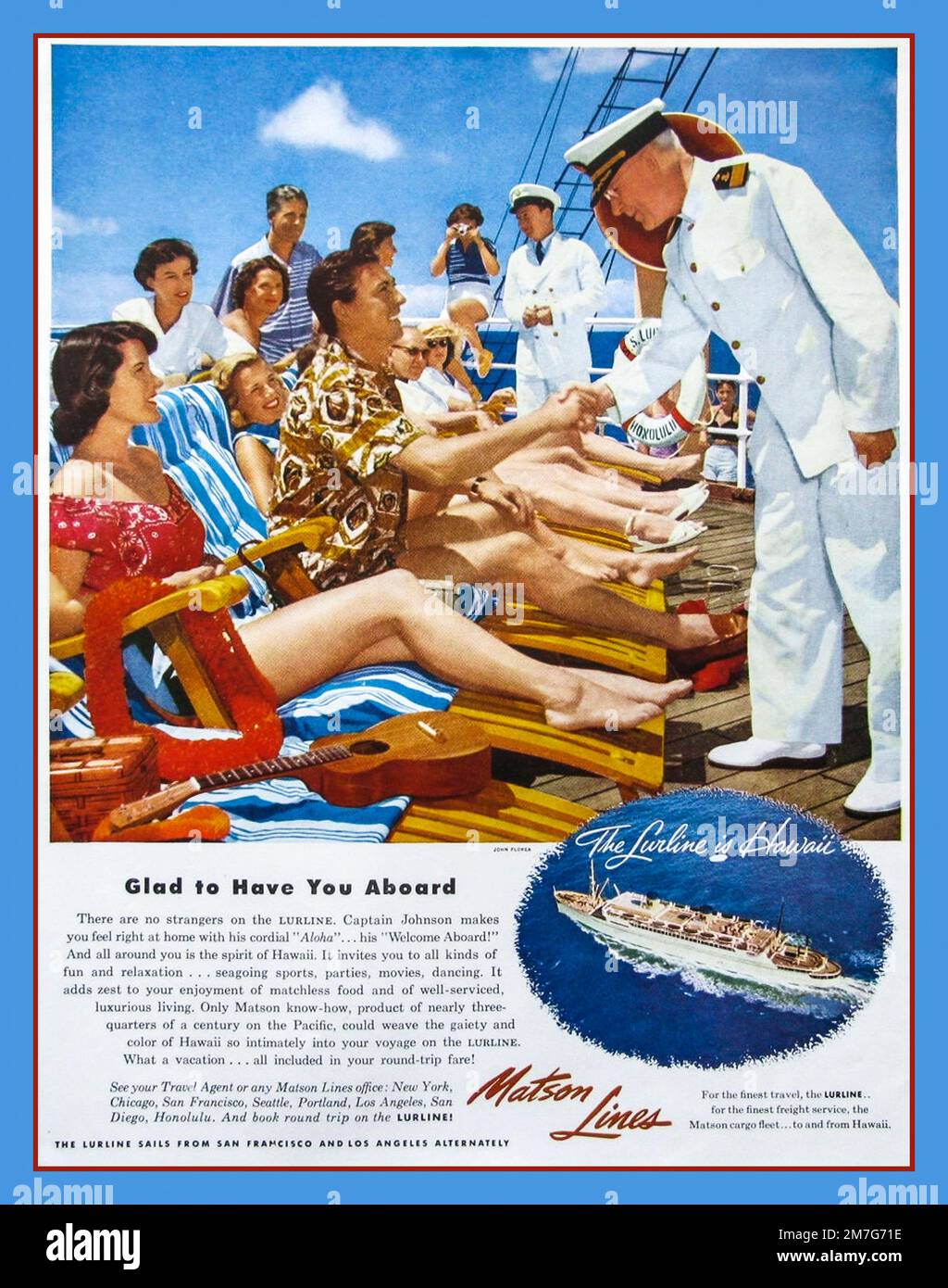 1950er Kreuzfahrtschiff-Poster für Matson Lines. „Freut mich, Sie an Bord zu haben“. Der Kapitän des Schiffes begrüßt die Gäste zu ihrem Urlaub auf Lurline Cruise Hawaii Stockfoto