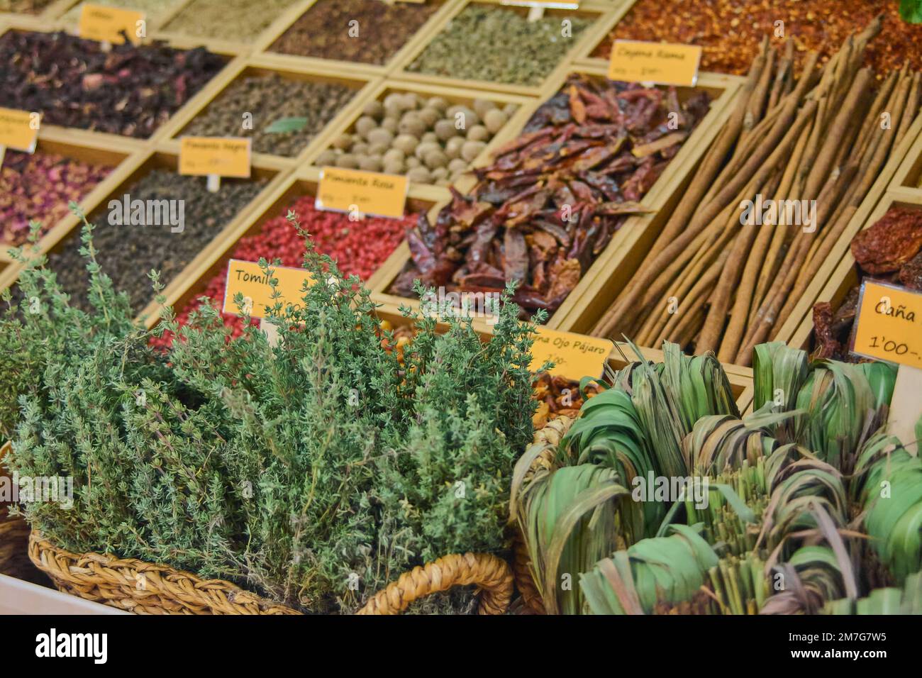 Auswahl an Gewürzen und Gewürzen in isolierten Holzzaunbehältern mit Namen- und Preisschildern in Euro Stockfoto