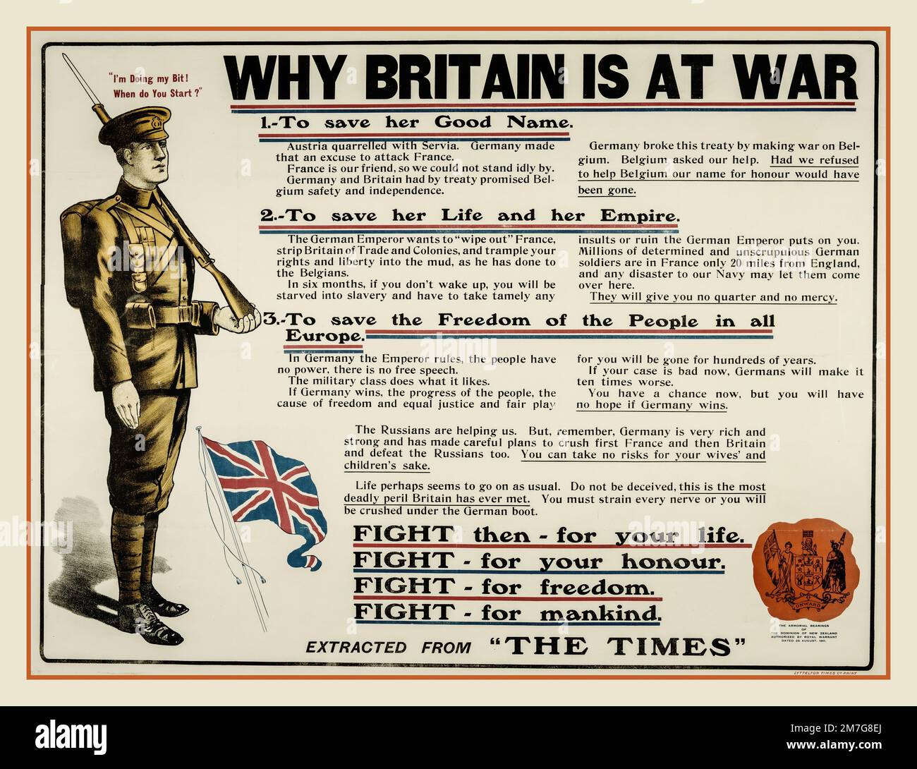 WW1 Rekrutierungs-Propaganda-Poster mit einem Soldaten mit Gewehr und Bajonett „Why Britain is at war“ Rekrutierungsposter 1916. Weltkrieg 1 Stockfoto