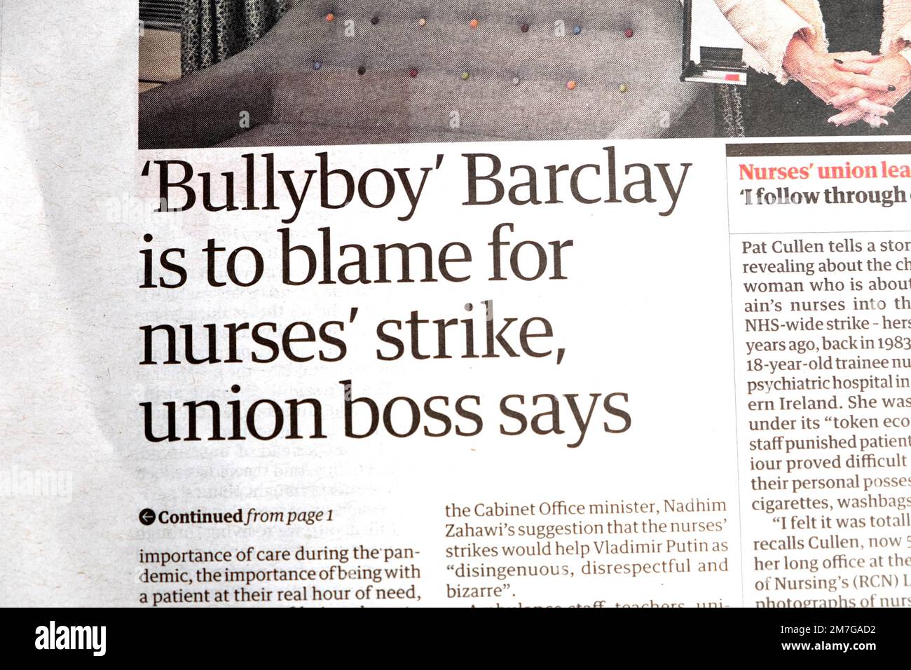 "Bullyboy" Barclay ist schuld an dem Streik der Krankenschwestern - Gewerkschaftsboss Guardian Schlagzeile Titelartikel 9. Dezember 2022 London England UK Stockfoto