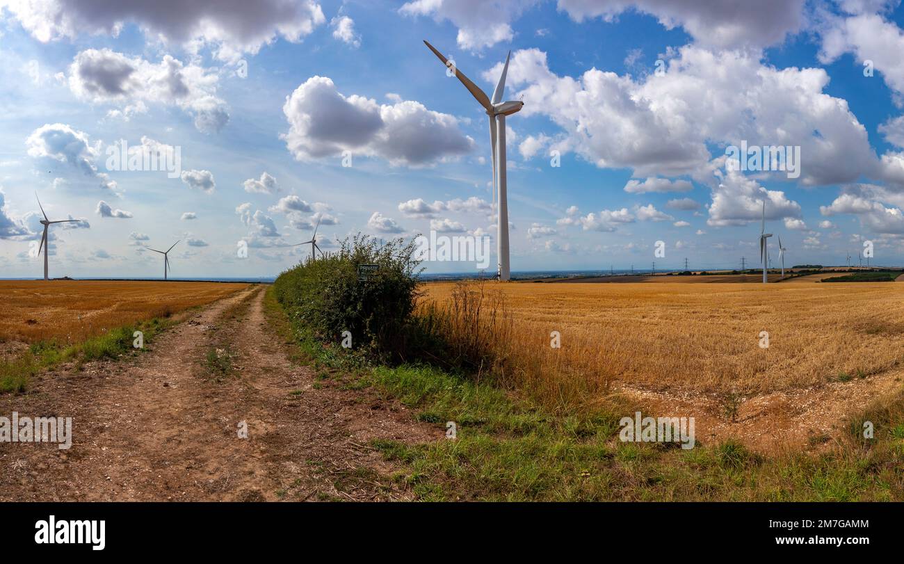 Eine Farm mit Windturbinen, die sauberen, erneuerbaren Strom auf landwirtschaftlichen Feldern in East Yorkshire, Vereinigtes Königreich, erzeugen Stockfoto