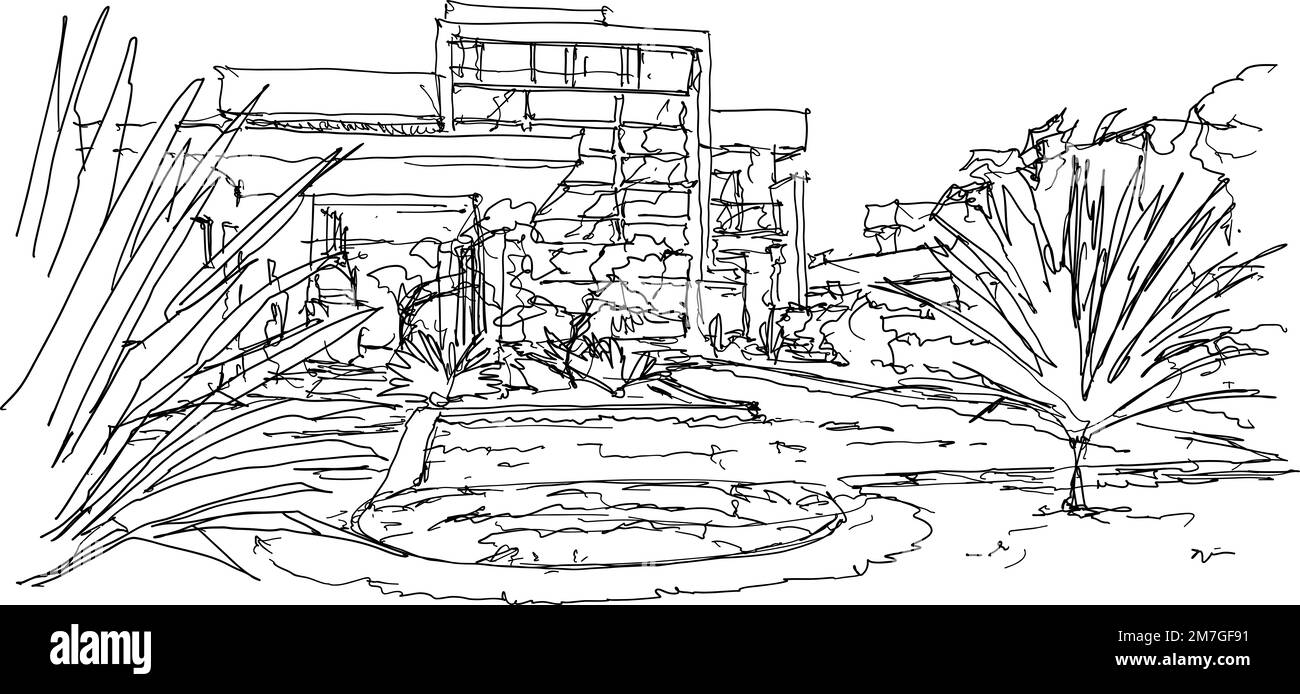 Handgezeichnete architektonische Skizze eines wunderschönen luxuriösen Einzelhauses im tropischen Resort mit Swimmingpool und Palmen Stockfoto