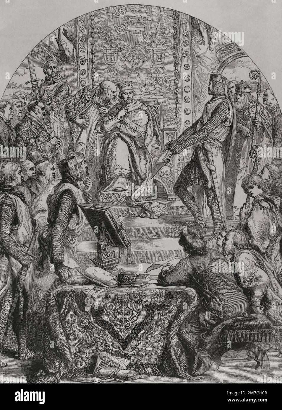 Simon de Montfort, 6. Earl of Leicester (c. 1208-1265). Ein edler französischer Abstammung, der den baronischen Aufstand gegen König Heinrich III. Von England anführte. Simon de Montfort vor König Heinrich III. Von England. Gravur von J. Gilbert und S. Williams. „Los Heroes y las Grandezas de la Tierra“ (die Helden und die Grandeurs der Erde). Volumen VI. 1856. Stockfoto