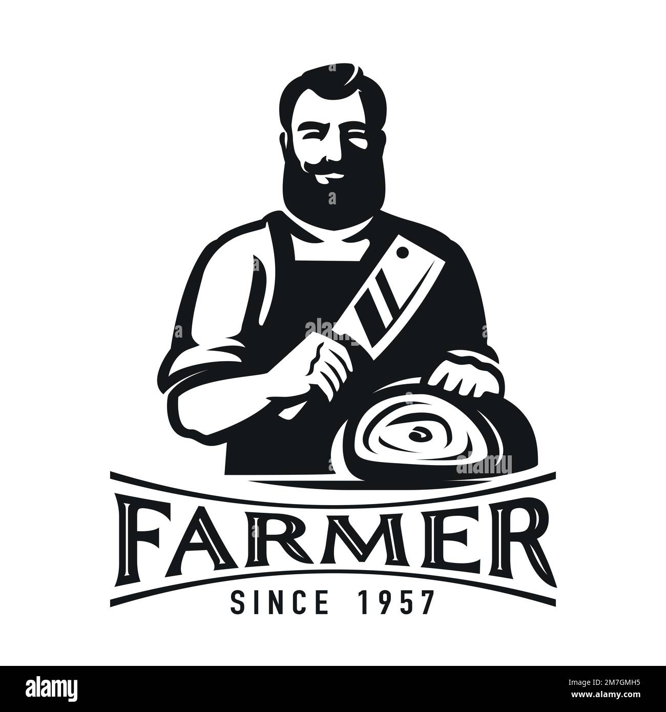 Metzger mit Hackmesser und frischem Rindfleisch. Emblem oder Logo für Metzgerei, Bio-Lebensmittel. Vektordarstellung Stock Vektor