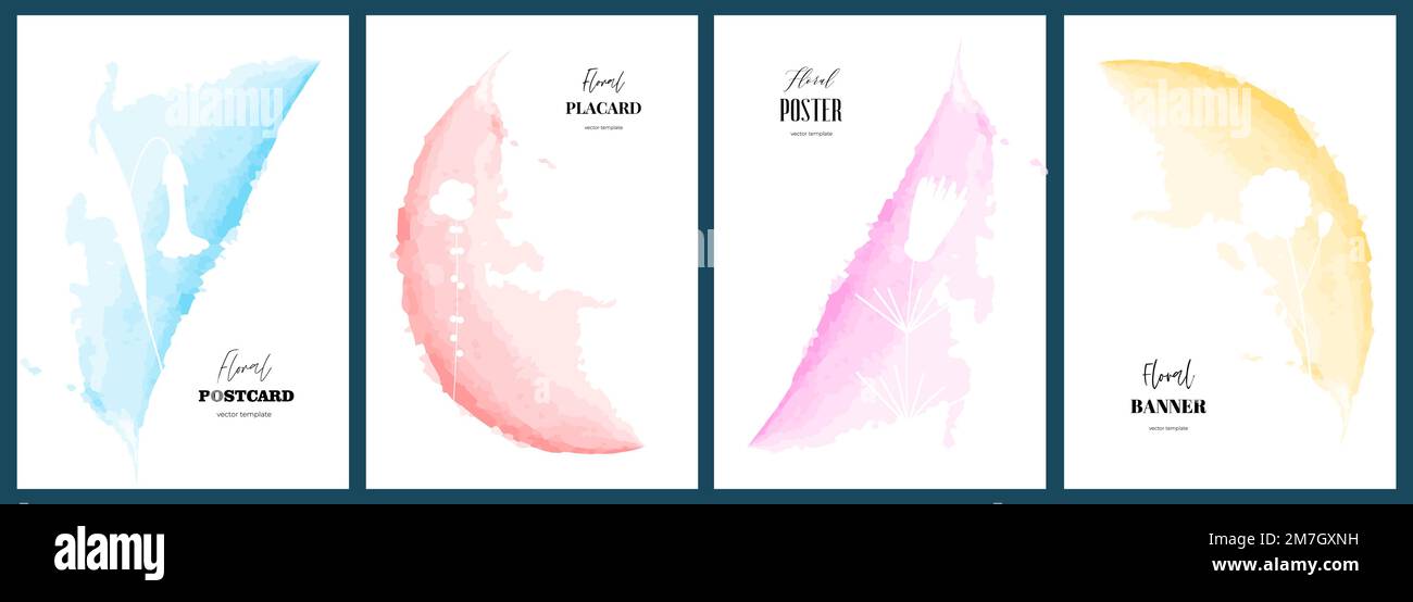 Postervorlagen mit abstrakten Aquarellfarben, die Blumen zeichnen. Handgezeichnete Plakate mit Blumenkunst. Botanisch-künstlerische Kollektion für Pinsel-Abdeckungen. Banner mit Sommerblumen. Kräuterpflanzen-Vektorpostkarte Stock Vektor