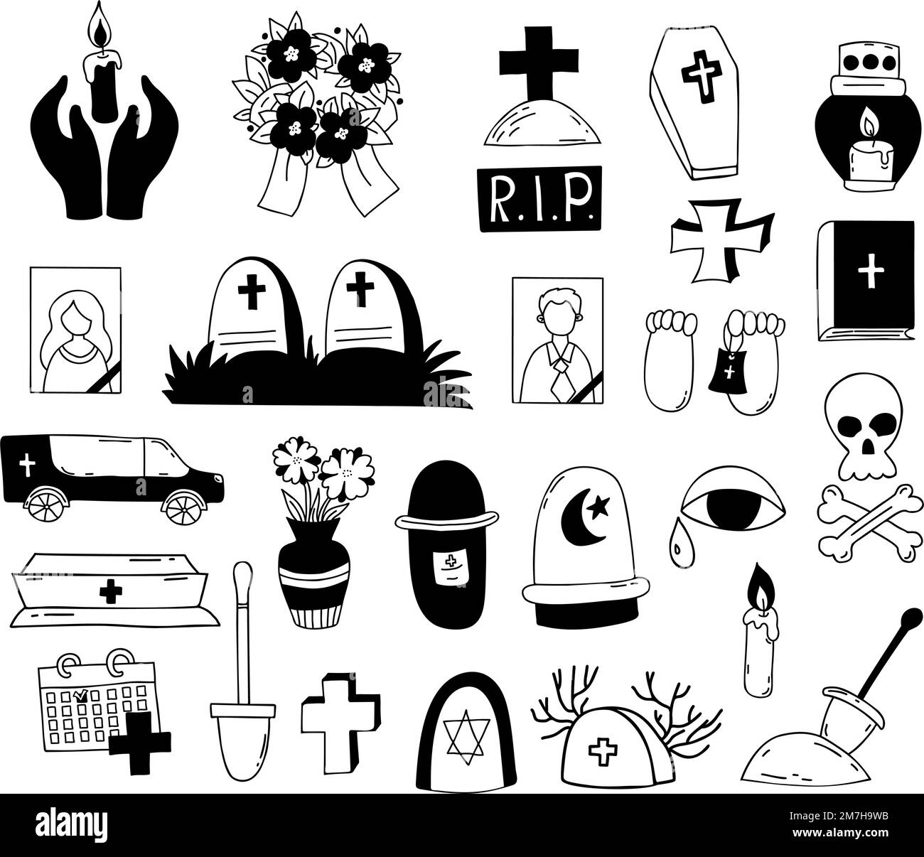 Tod und Beerdigung. Sammlungsvektorkritzele. Grab, Kreuz, Friedhof, Sarg und Leichenwagen, Schädel und Kreuz und Asche, Kranz und Kerze. Isoliert Stock Vektor