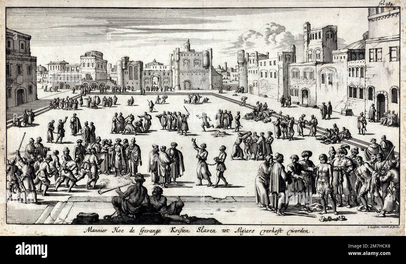 Eine Illustration eines Sklavenmarktes in Algier von 1684 Stockfoto