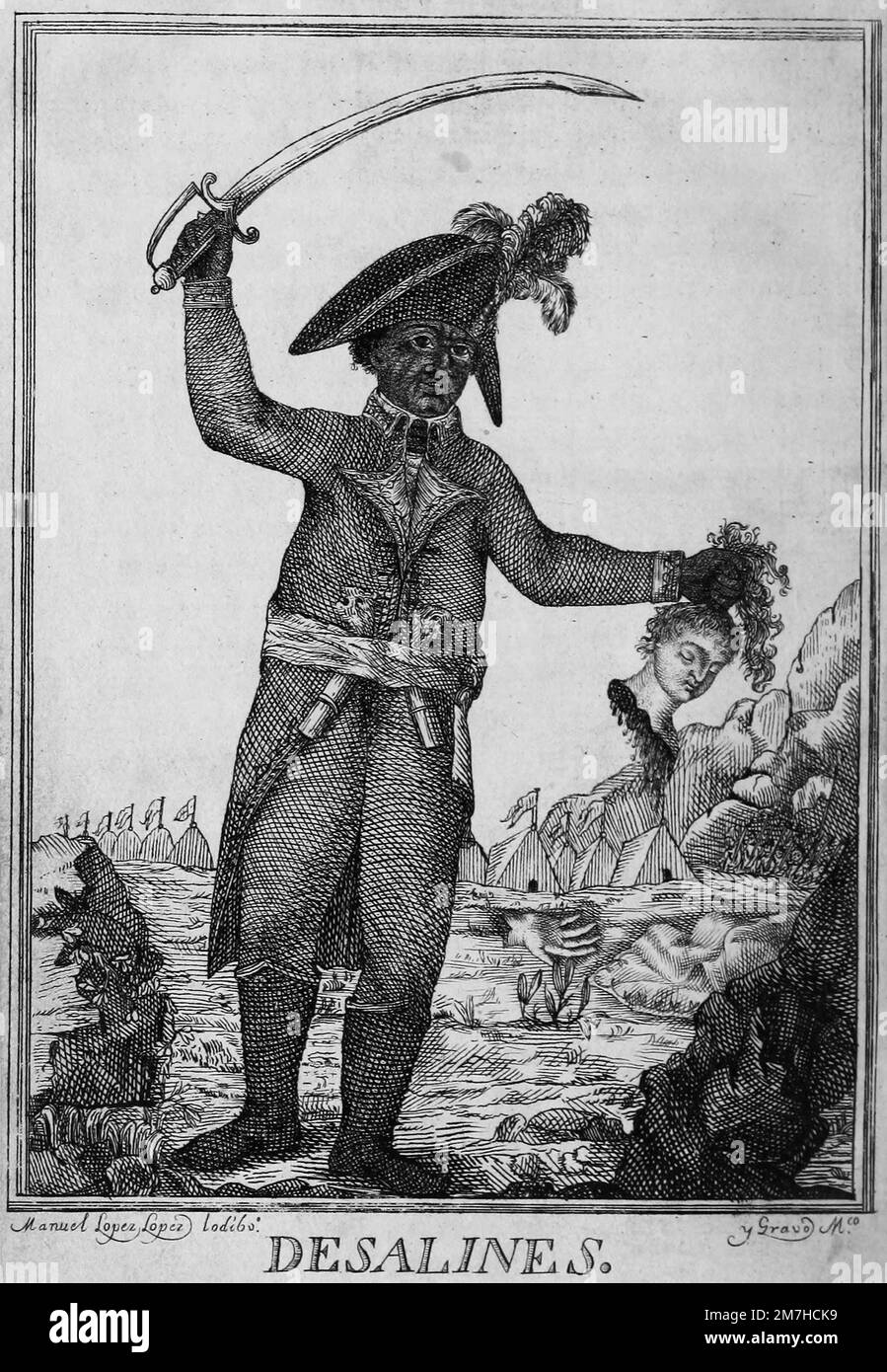 Eine 1806-Gravur von Jean-Jacques Dessalines. Es zeigt den General, das Schwert in einem Arm, während der andere den abgetrennten Kopf einer weißen Frau hält. Dessalines war ein Führer während der haitianischen Revolution, dem blutigen Sturz der weißen Herrschaft in Haiti und wurde der erste Kaiser eines unabhängigen Haiti. Stockfoto