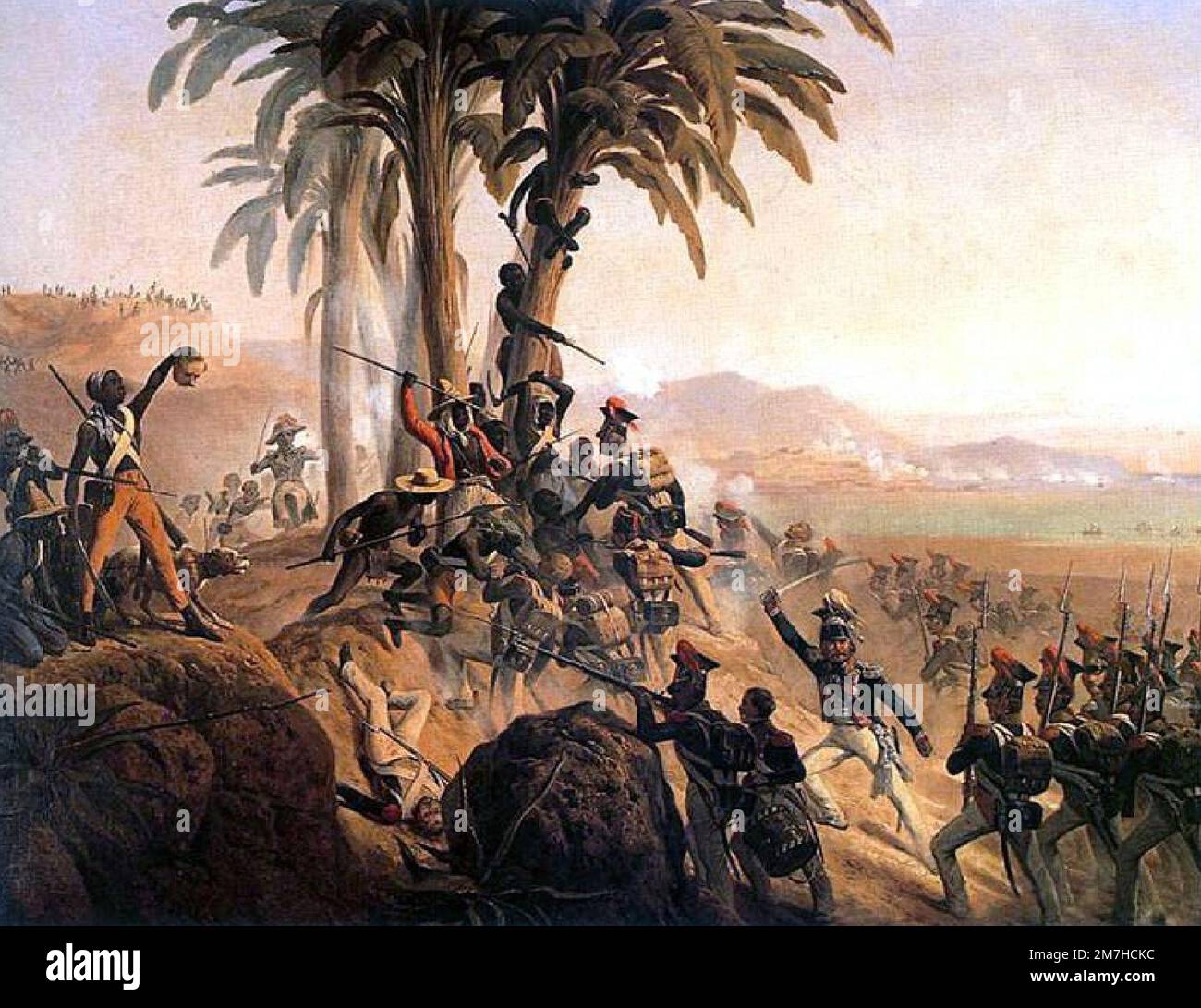 Die Schlacht um Palm Tree Hill während der haitianischen Revolution. Diese Revolution war der gewaltsame und blutige Sturz der weißen Herrscherklasse Haitis während eines Sklavenaufstands. Stockfoto