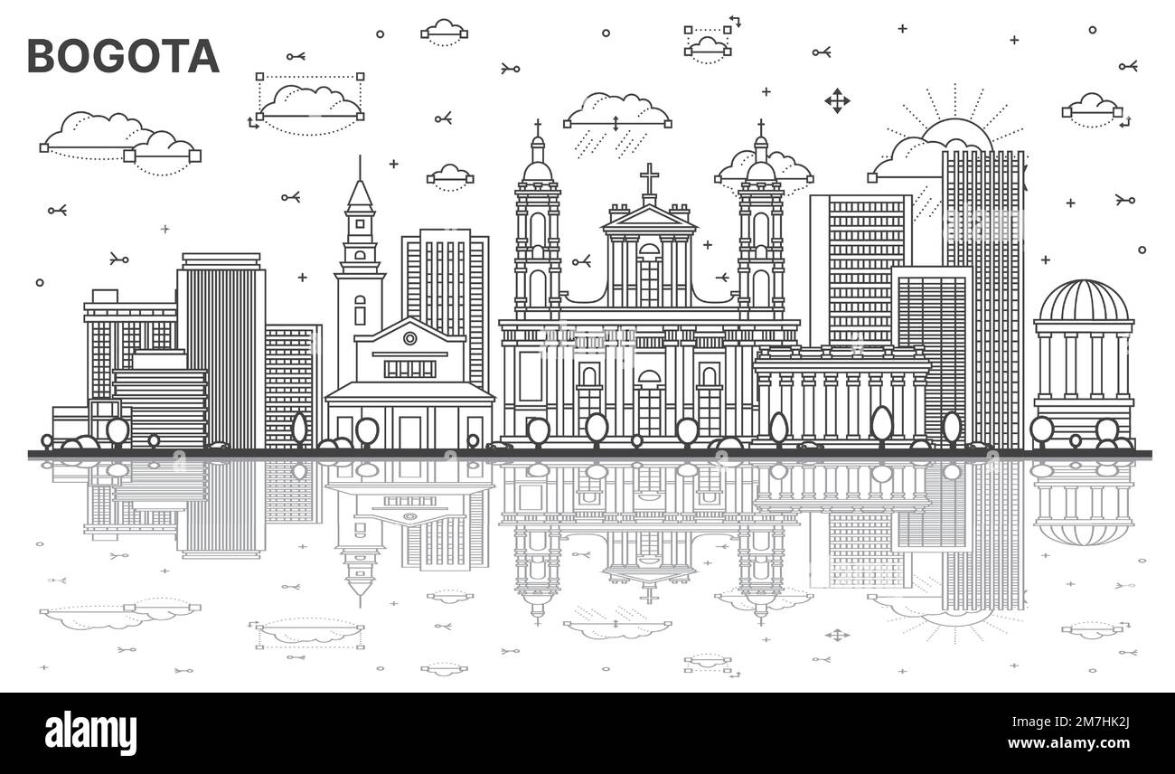 Umreißen Sie die Skyline von Bogota Colombia City mit historischen Gebäuden und Reflektionen, isoliert auf Weiß. Vektordarstellung. Bogotas Stadtlandschaft mit Wahrzeichen. Stock Vektor