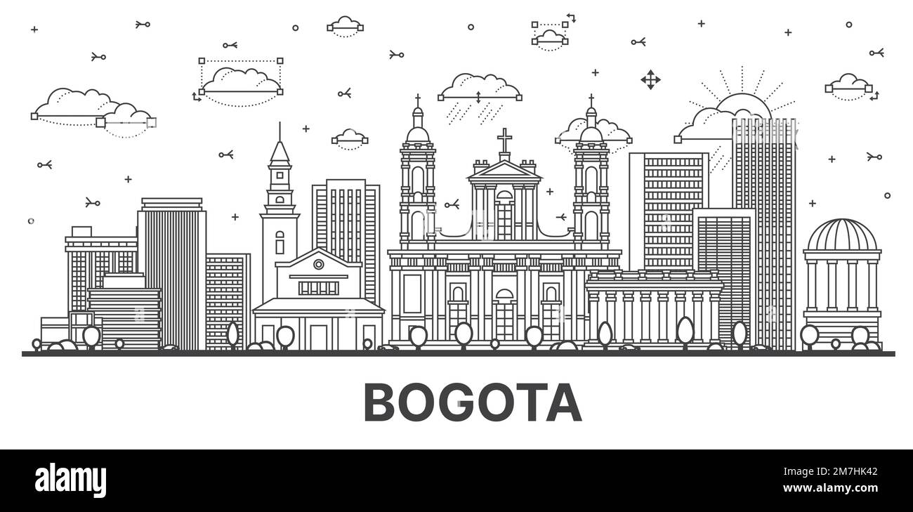 Umreißen Sie die Skyline von Bogota Colombia City mit historischen Gebäuden, isoliert auf White. Vektordarstellung. Bogotas Stadtlandschaft mit Wahrzeichen. Stock Vektor