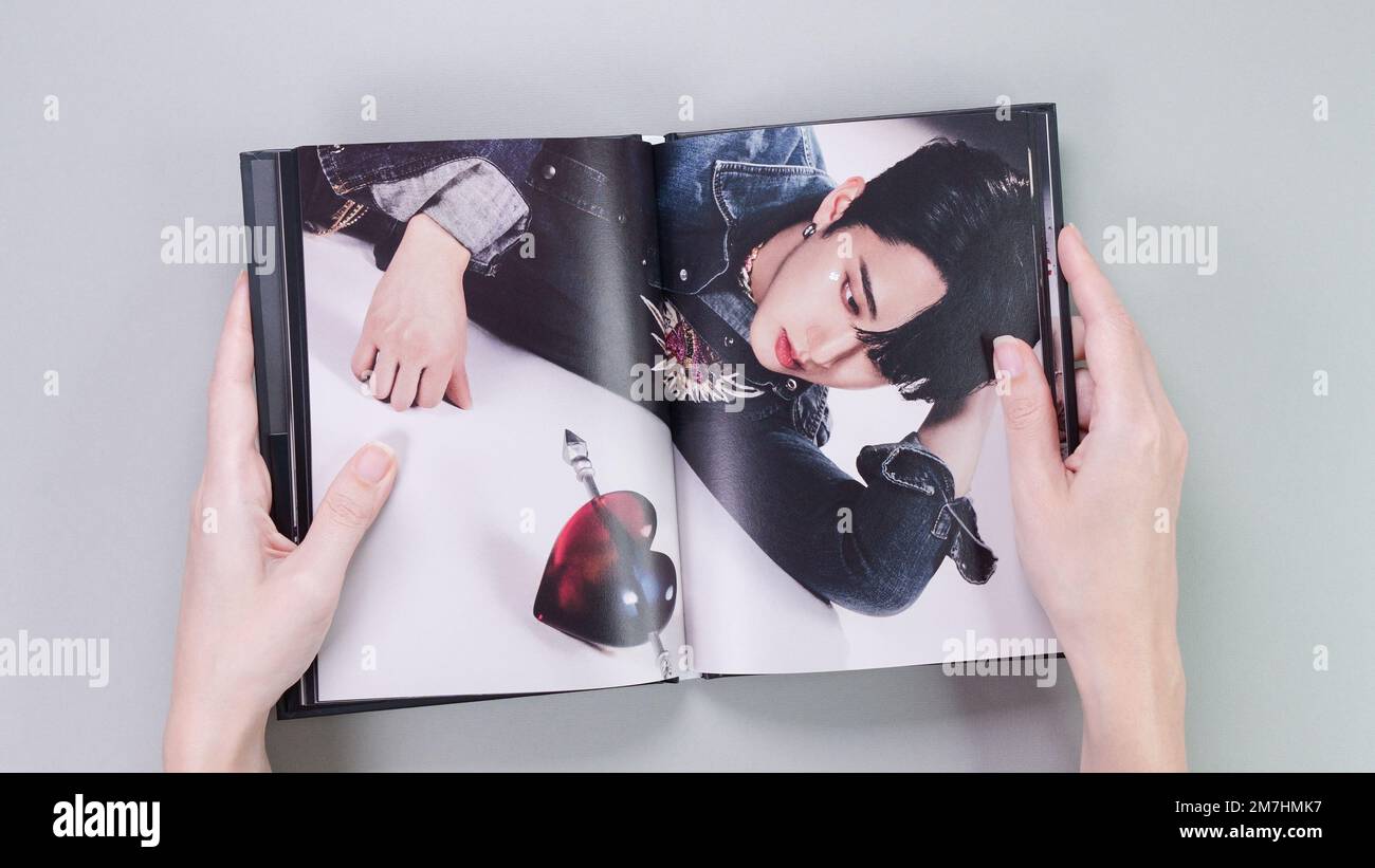 Fan Hold Stray Kids MAXIDENT Mini Album Fotobuch auf Grau. Musik-CD. Südkoreanische Boyband StrayKids. Platz für Text. Gatineau, QC Kanada – Dezembe Stockfoto