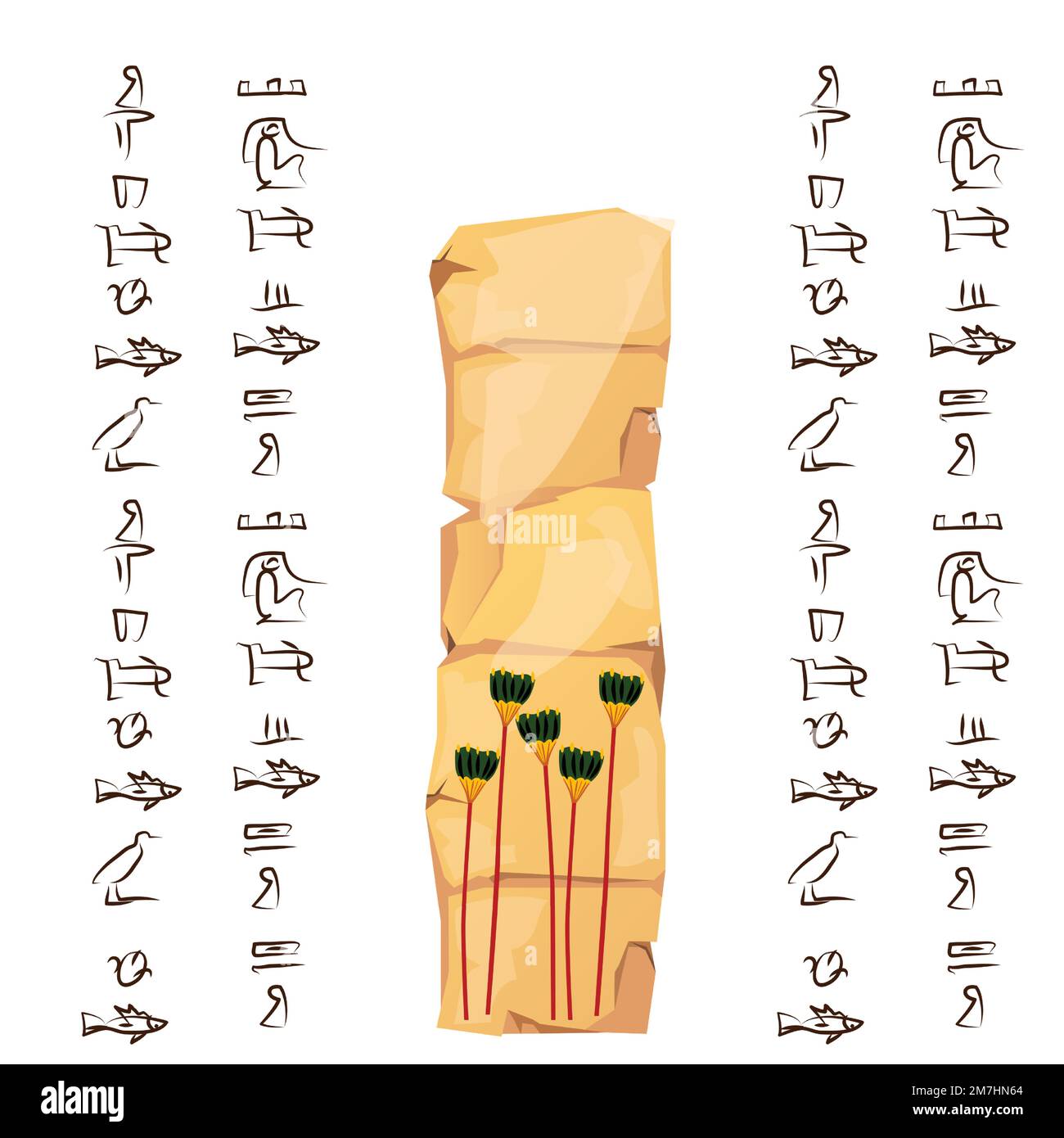 Alte Ägypten Papyrus oder Stein Cartoon Vektor mit Hieroglyphen und ägyptischen Symbol, hohe grüne Bäume, Dattelpalmen Hain isoliert auf weißem Hintergrund Stock Vektor