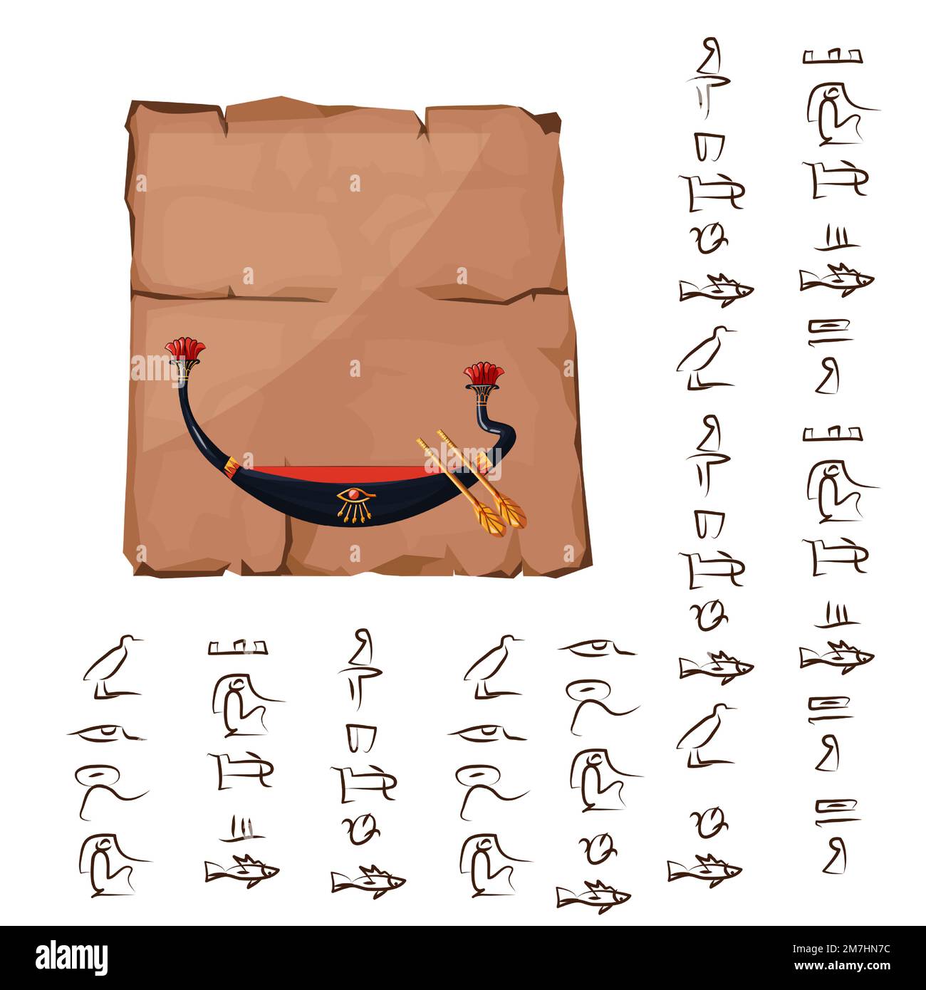 Altes ägyptisches Papyrus oder Steinsäule mit Vektordarstellung des Boots Ra. Antikes Papier mit Hieroglyphen zum Speichern von Informationen, ägyptische Kultur religiöse Symbole, isoliert auf weißem Hintergrund Stock Vektor