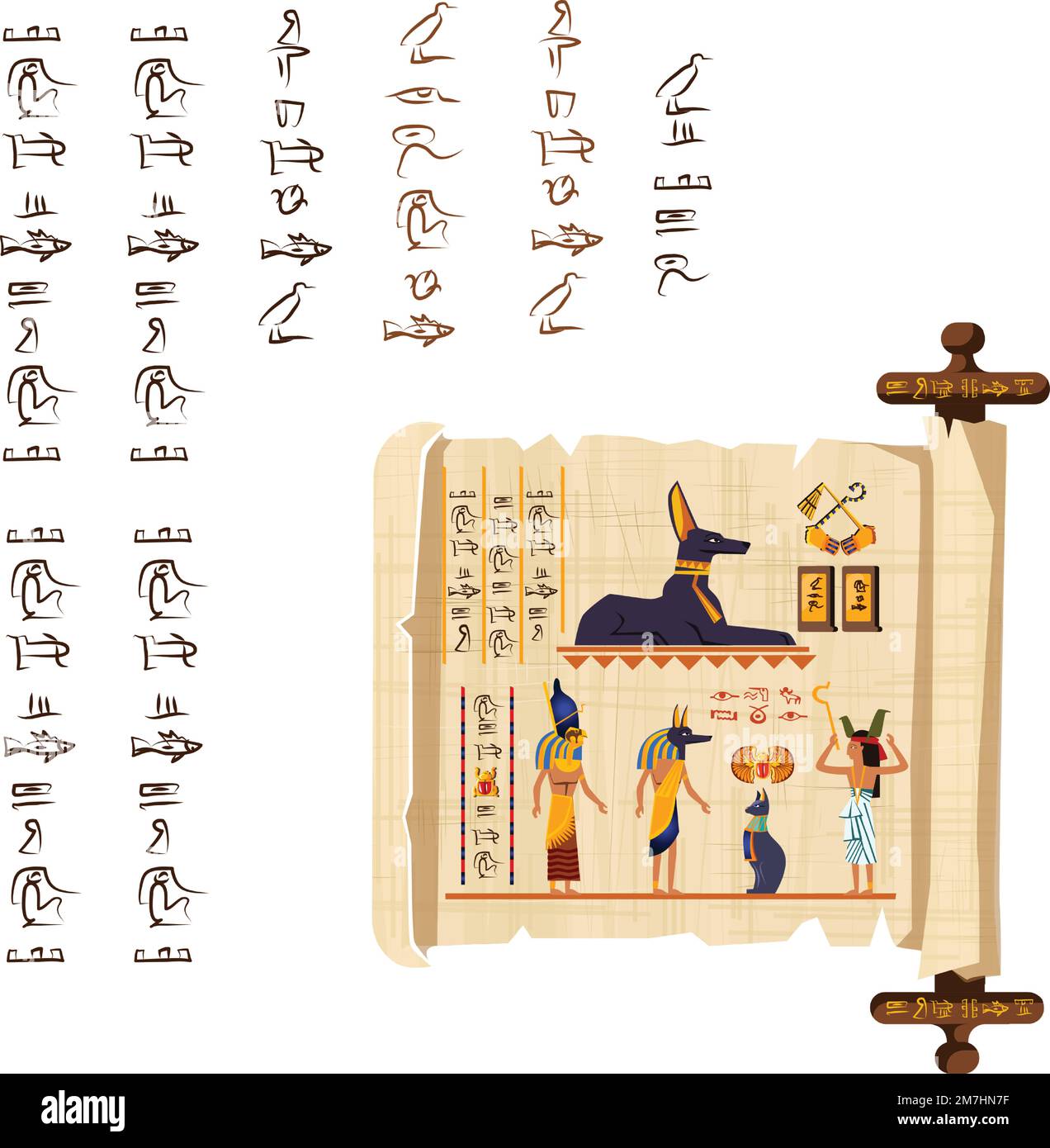 Alte ägyptische Papyrus-Schriftrolle mit Holzstäbchen-Cartoon-Vektor. Antikes Papier mit Hieroglyphen und religiösen Symbolen der ägyptischen Kultur, antiken Göttern, Skarabäen und menschlichen Figuren, isoliert auf weißem Hintergrund Stock Vektor