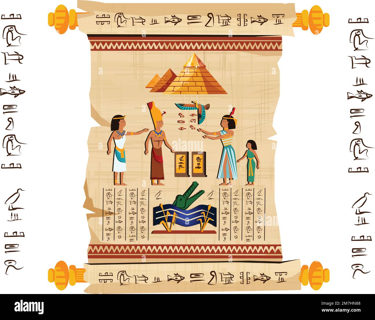 Alte ägyptische Papyrus-Schriftrolle mit Holzstäbchen-Cartoon-Vektor. Antikes Papier mit Hieroglyphen und religiösen Symbolen der ägyptischen Kultur, antiken Göttern, Pyramiden und menschlichen Figuren, isoliert auf Weiß Stock Vektor